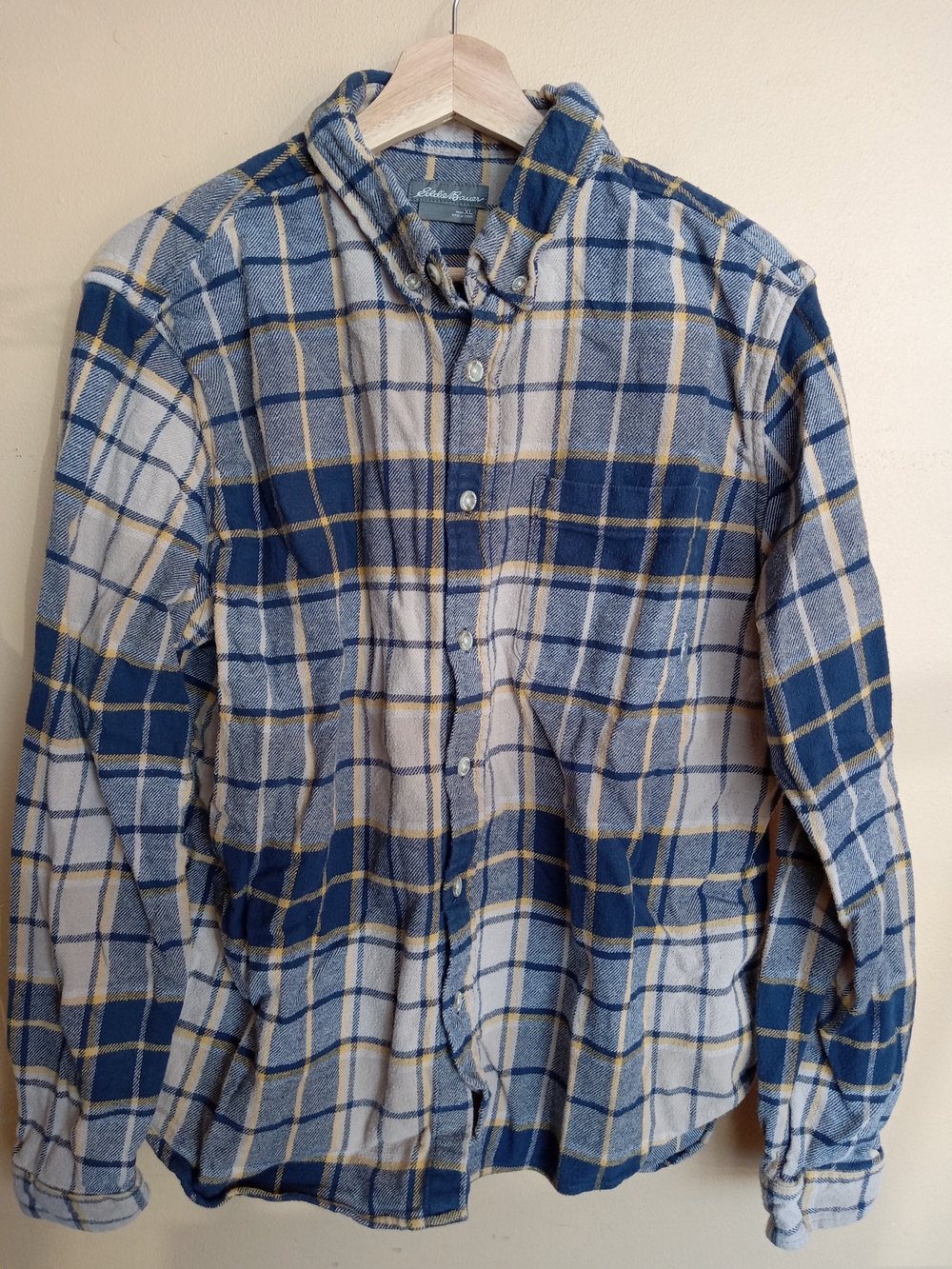 Eddie Bauer Blue, Cream & Yellow Plaid Button-Down Shirt